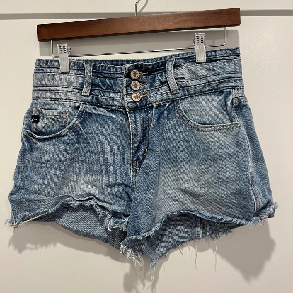 Kancan High Waisted Triple Button Raw Hem Denim Shorts KC6325M-TJ Size 7/27